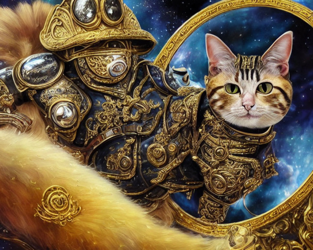 Majestic Cat in Intricate Golden Armor with Cosmic Background