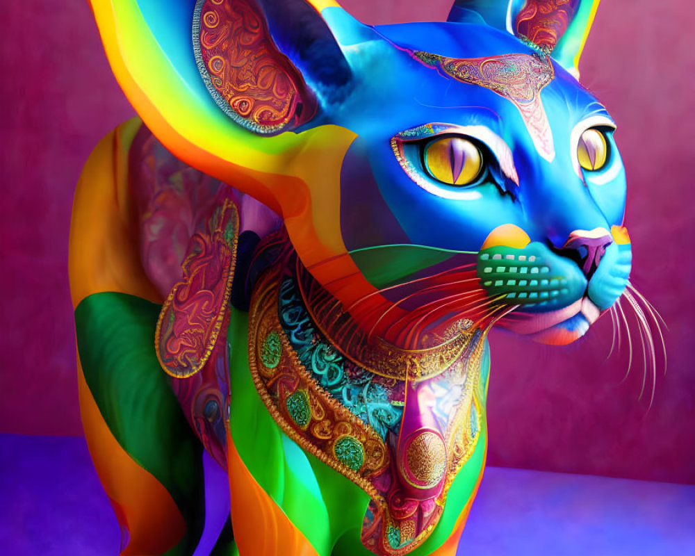 Vibrant Cat Sculpture with Bold Colors and Patterns