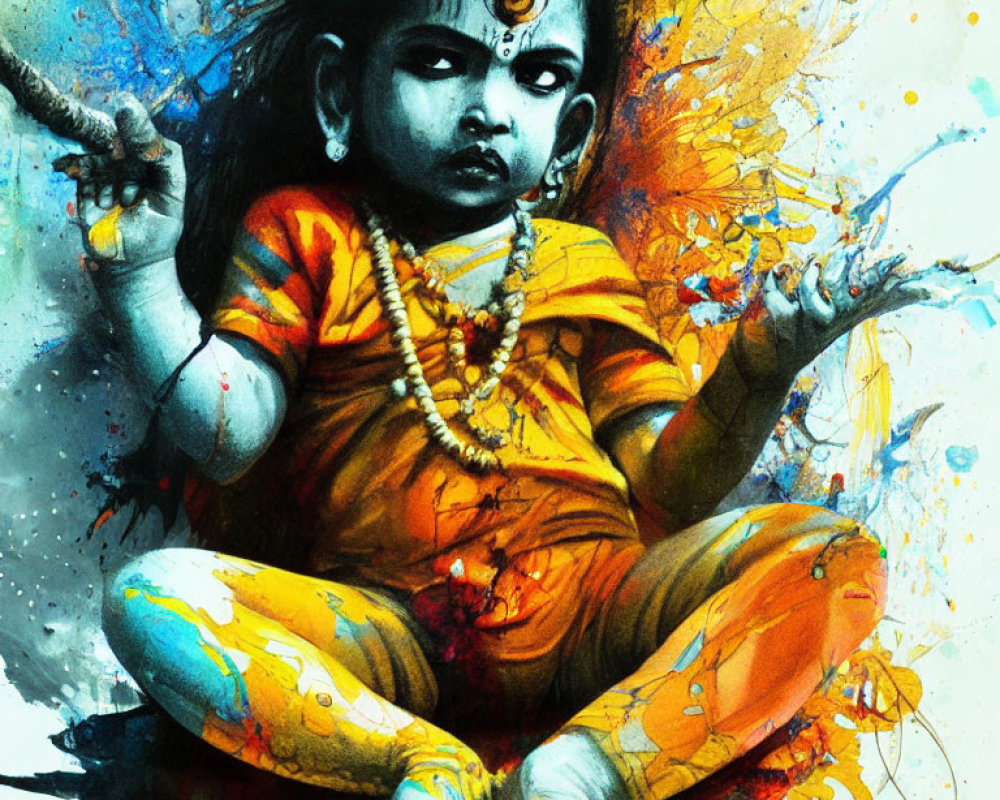 Vibrant Watercolor Painting of a Young Deity Figure