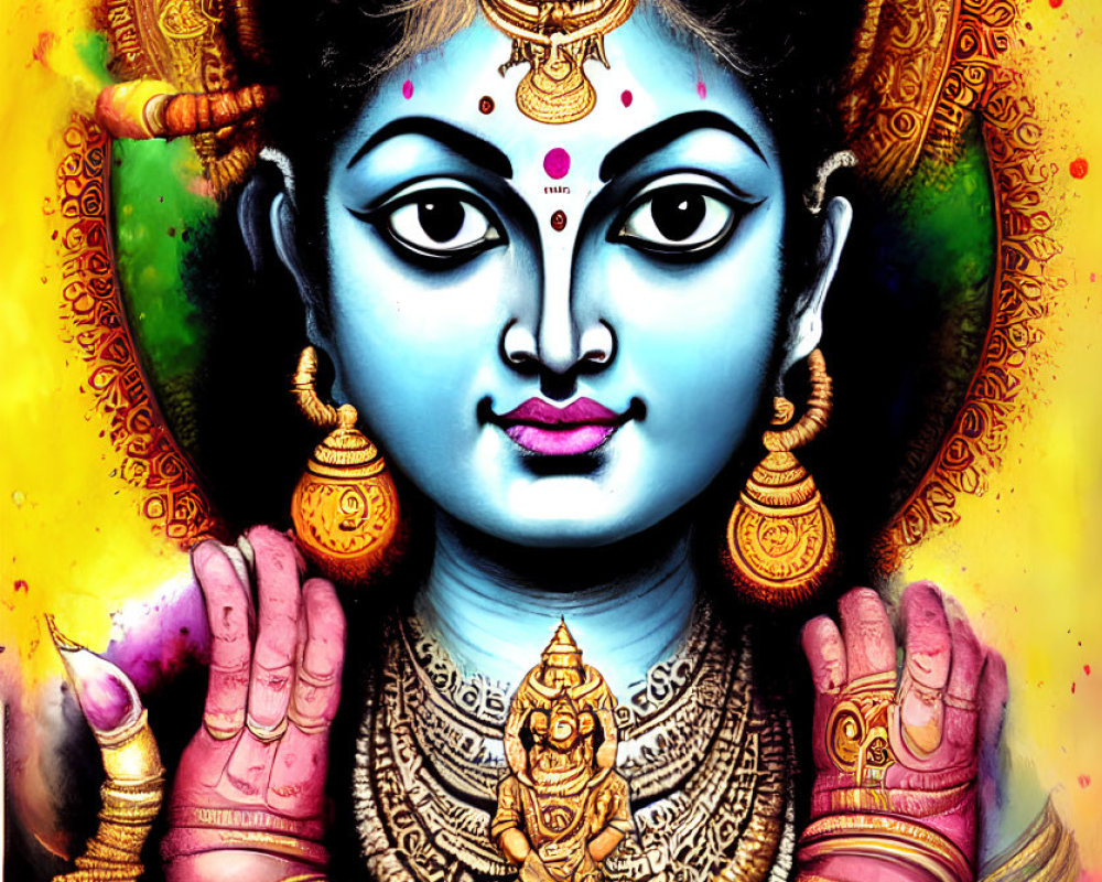 Vibrant Goddess with Blue Skin and Golden Jewelry