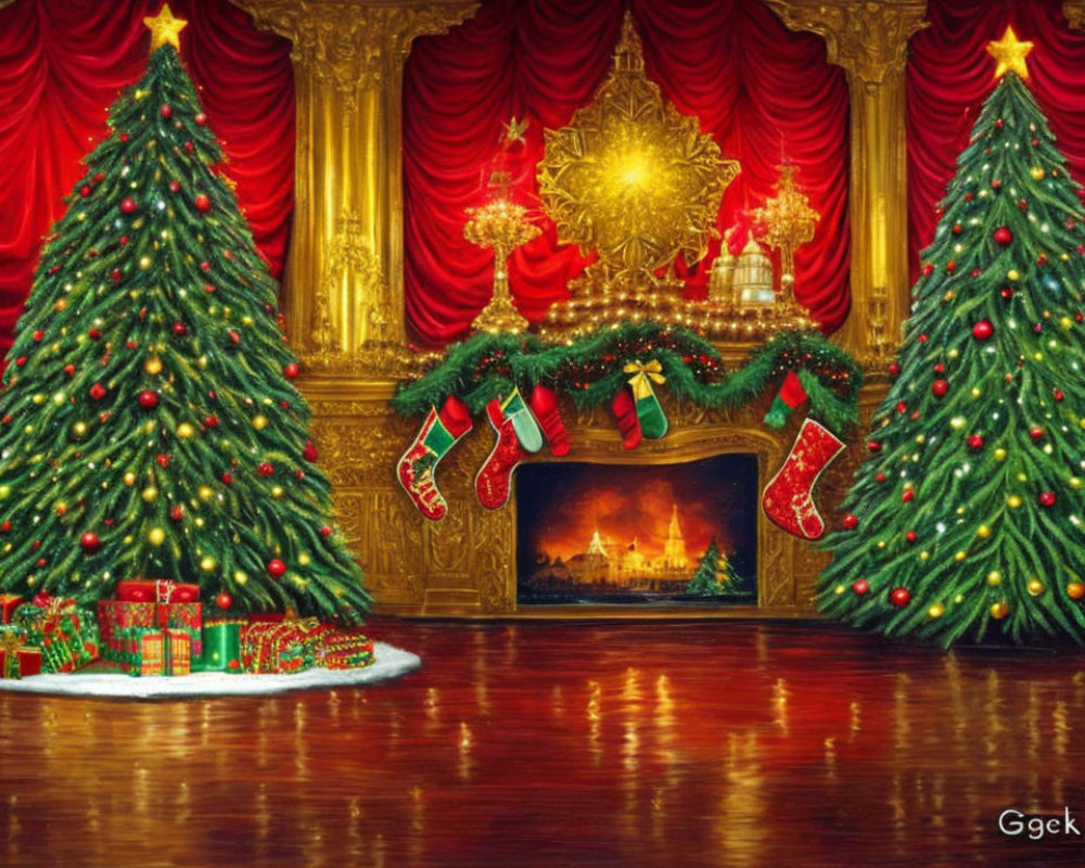 Festive Christmas room with decorated trees, stockings, and gifts