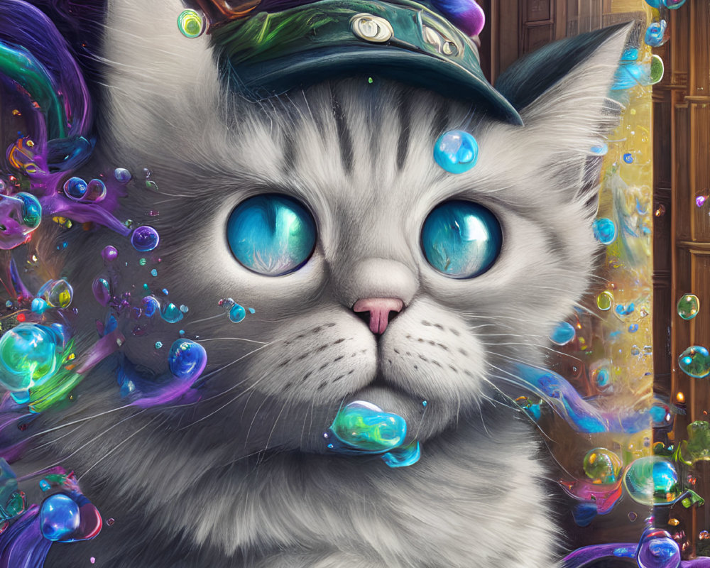 Gray Cat with Blue Eyes Wearing Wizard Hat in Colorful Scene