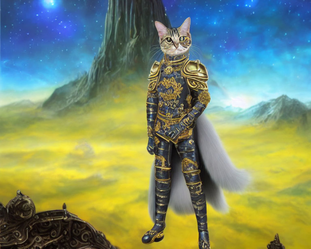 Whimsical Cat in Golden Armor in Surreal Landscape