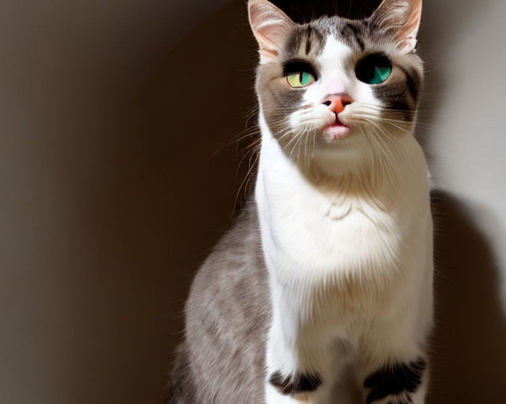 Gray and white cat in modern circular nook with green eyes