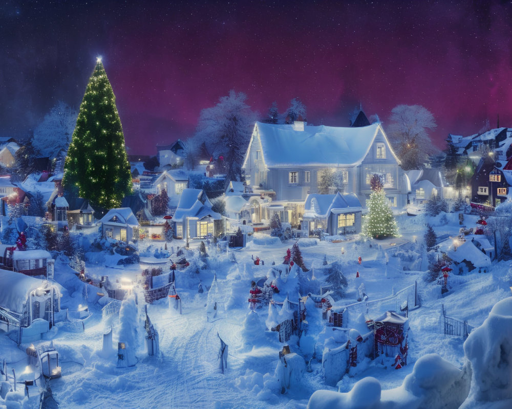 Whimsical Winter Village with Illuminated Christmas Tree