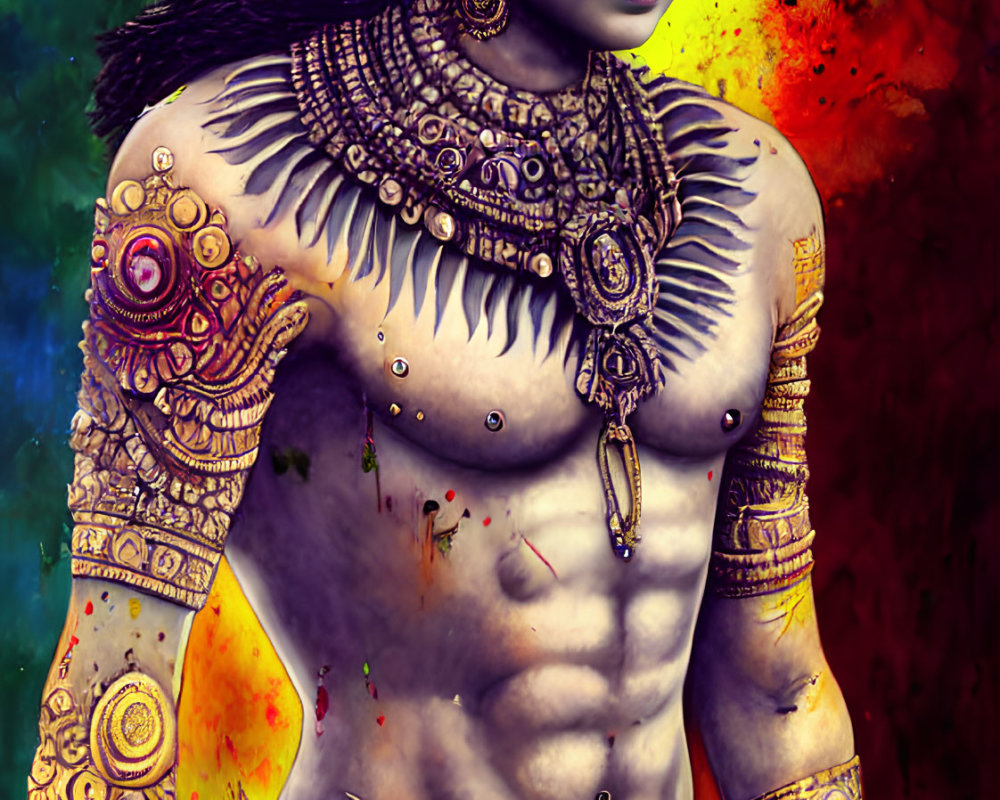 Muscular Figure in Ornate Attire with Vibrant Background