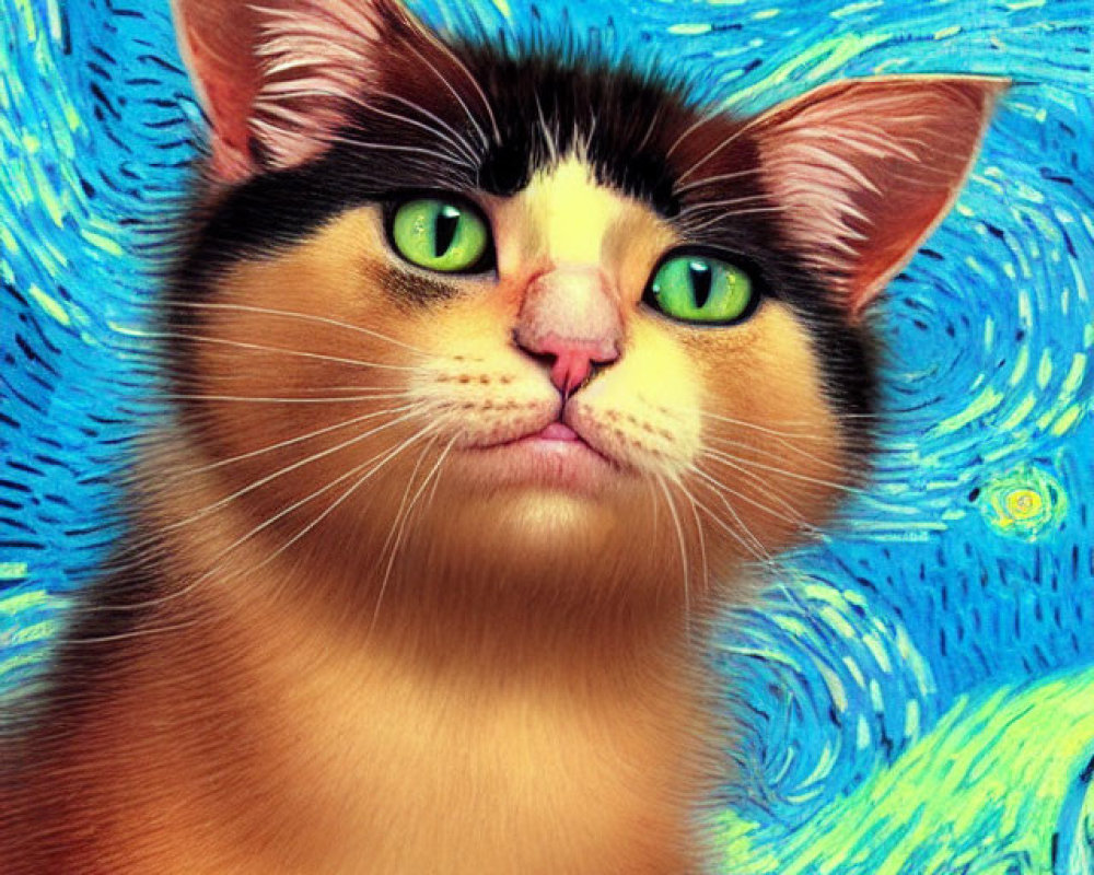 Cat with striking expression on Van Gogh-inspired starry background