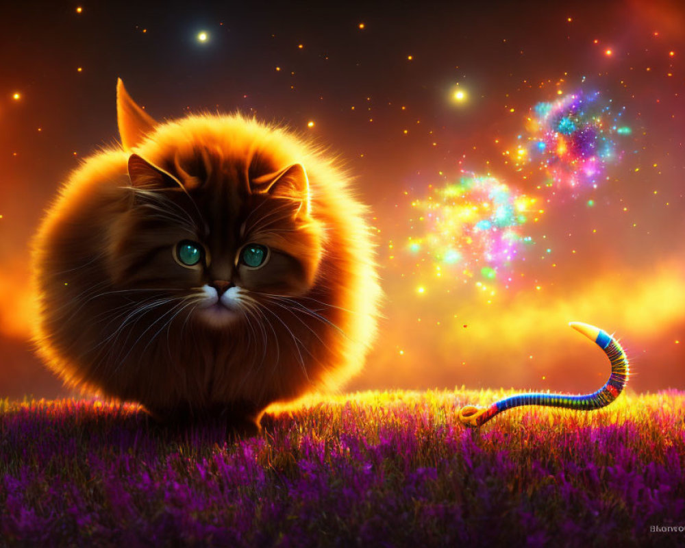 Cosmic Landscape with Orange Cat and Colorful Worm