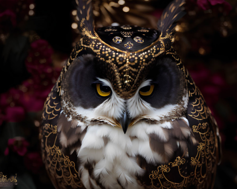 Striking Yellow-Eyed Owl with Black and Gold Mask in Pink Flower Setting