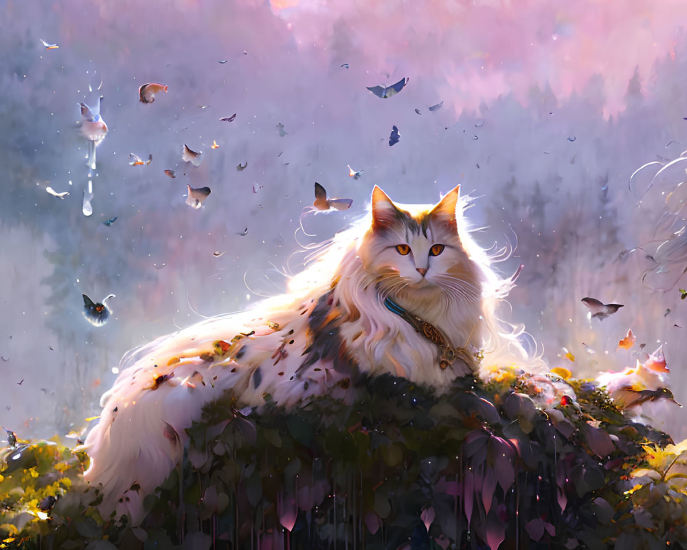 White Cat with Luxurious Mane Surrounded by Butterflies in Dreamy Forest