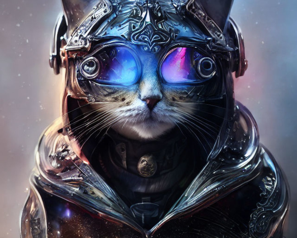 Digital artwork: Cat with blue eyes in futuristic armor on cosmic background