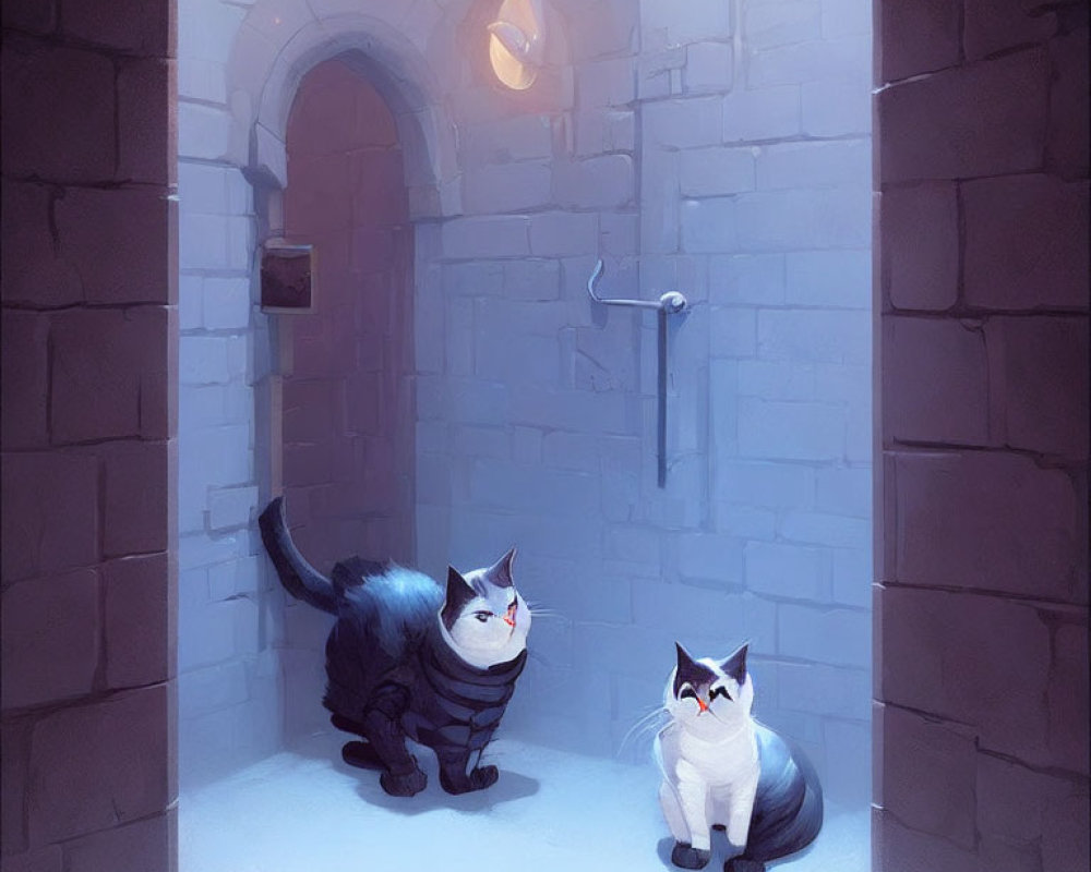 Stylized animated cats in dimly lit castle corridor