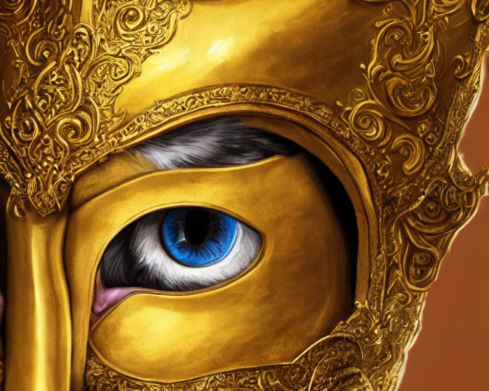 Ornate golden mask with intricate designs and blue eye