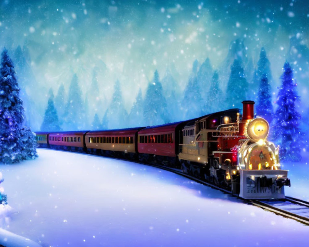 Festive Train in Snowy Landscape with Christmas Tree