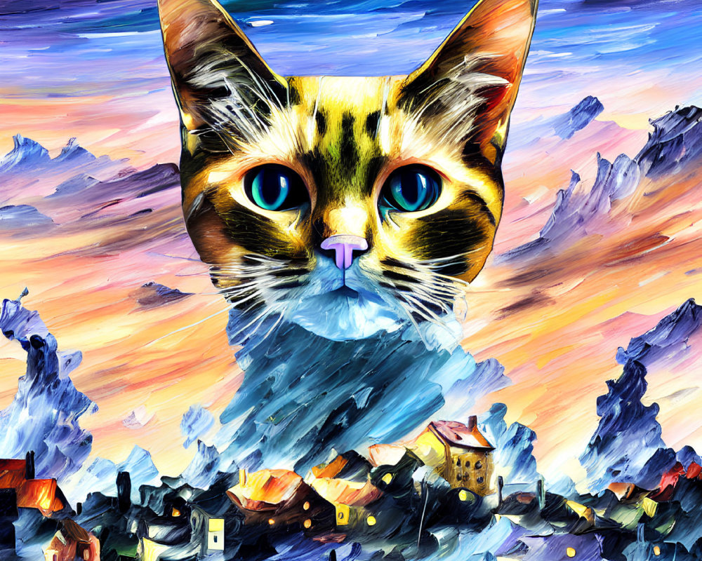 Colorful Cat Head Painting in Surreal Landscape with Cosmic Sky