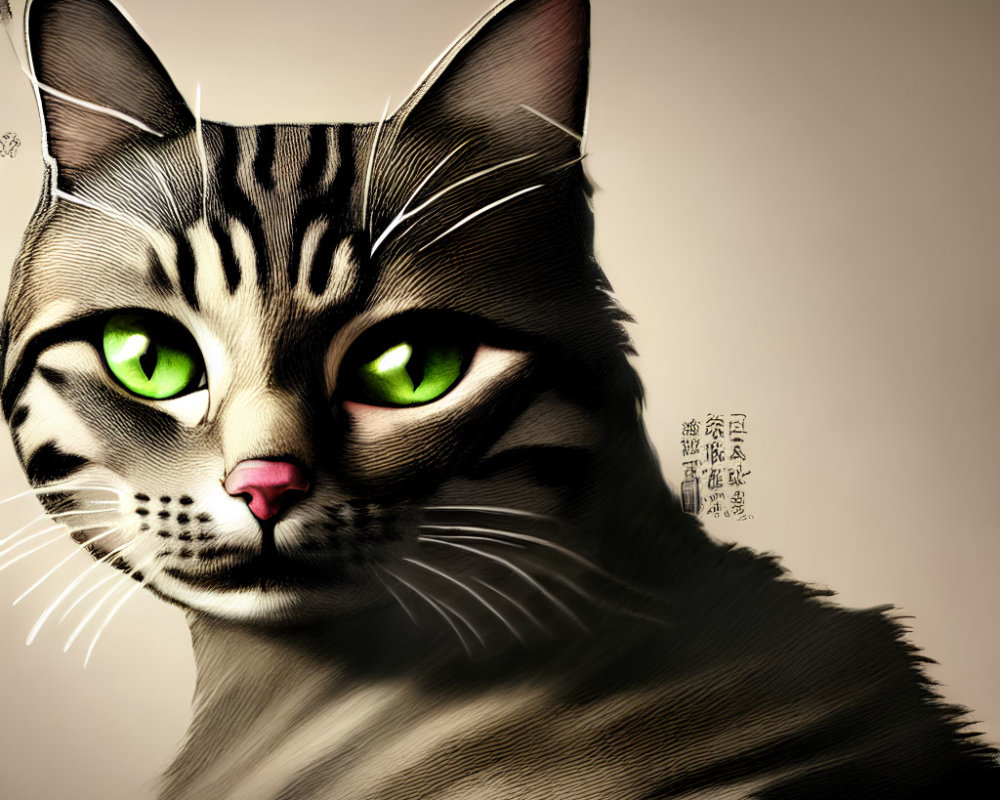 Digitally Illustrated Tabby Cat with Green Eyes