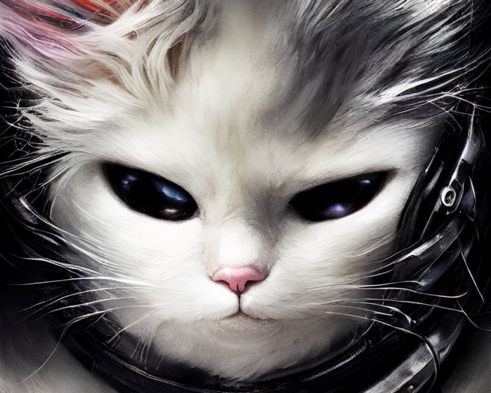 Fluffy White Cat in Astronaut Helmet with Purple Eyes