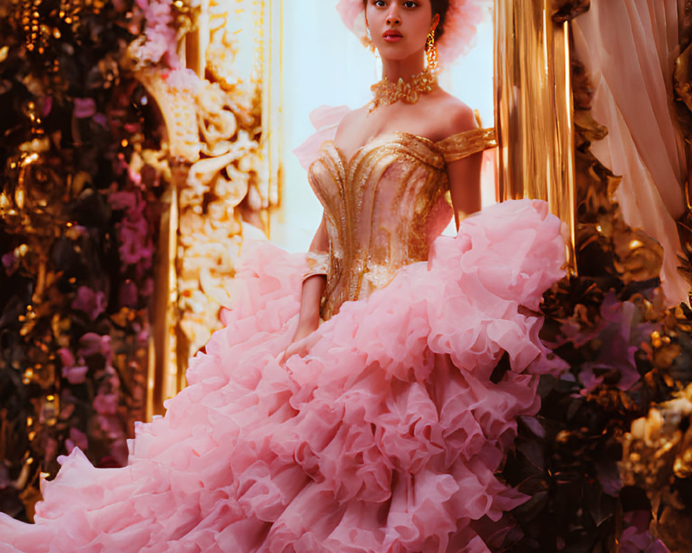 Elegant Woman in Pink Gown in Lavish Setting