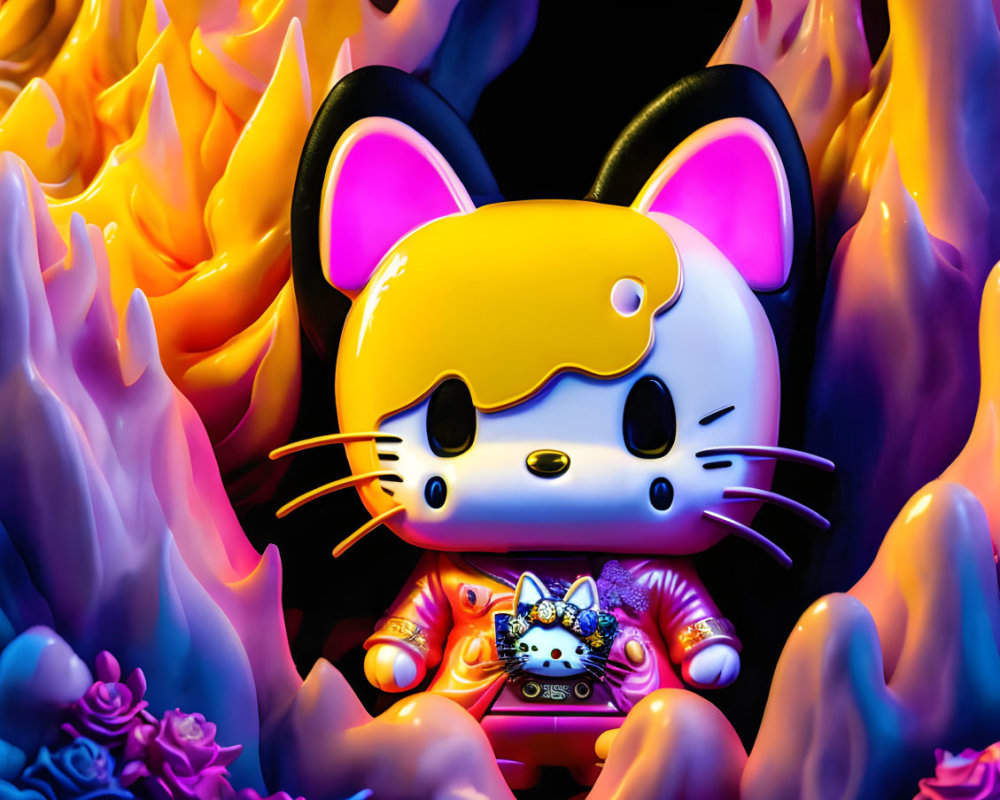 Whimsical Cat Character in Colorful Surreal Setting