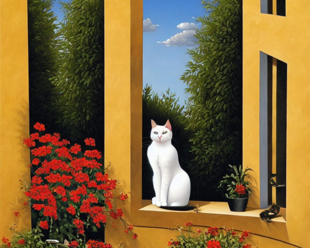 Serene Scene of Yellow Wall with Cat and Flowers