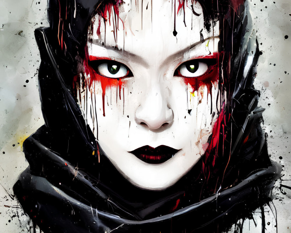 Stylized portrait of person with feline-themed hood and dramatic makeup