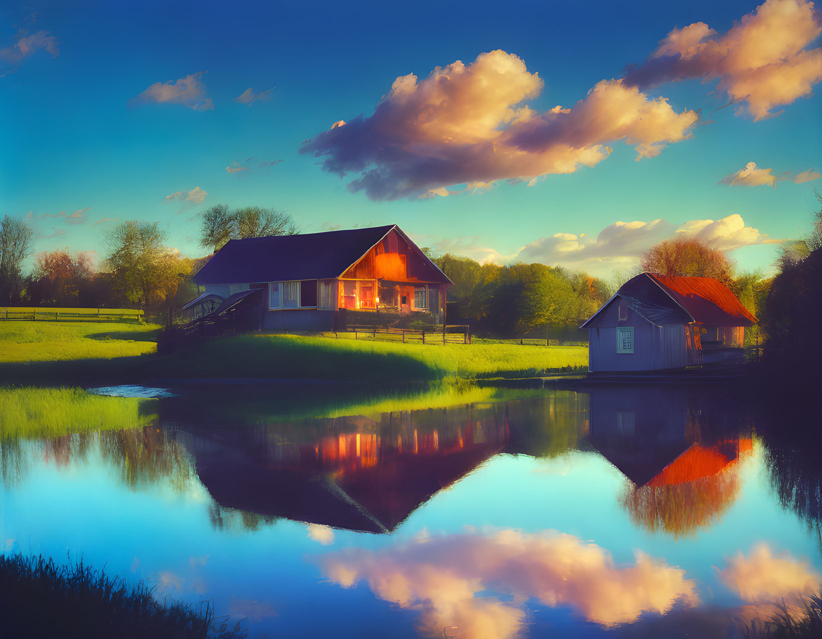 Warm-lit house and smaller building by calm river in twilight scene