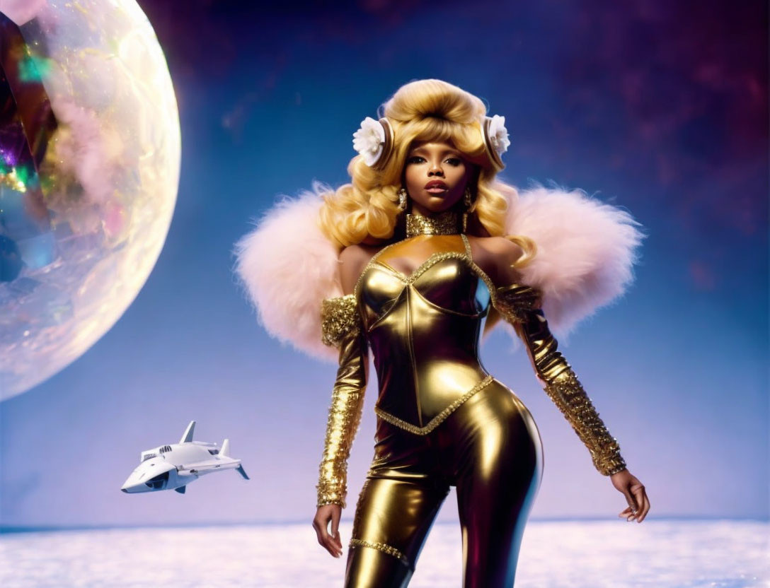 Futuristic golden ensemble with voluminous hair and celestial backdrop.