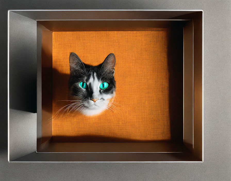 Cat with Striking Green Eyes in Cardboard Box with Orange Fabric