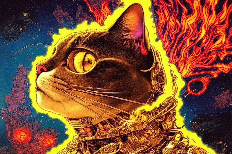 Colorful Cyborg Cat with Fiery Mane in Cosmic Setting