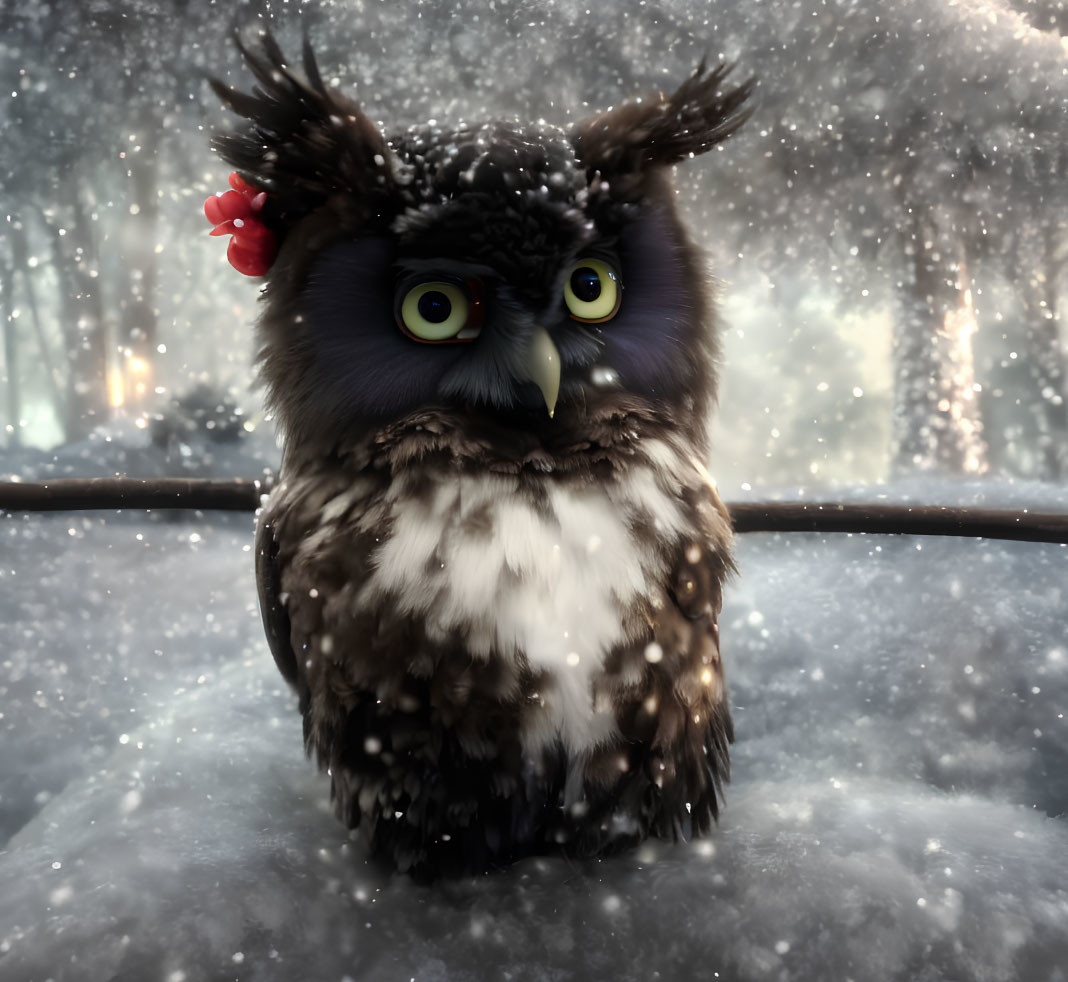 Illustrated owl with yellow eyes on wintry branch under falling snowflakes