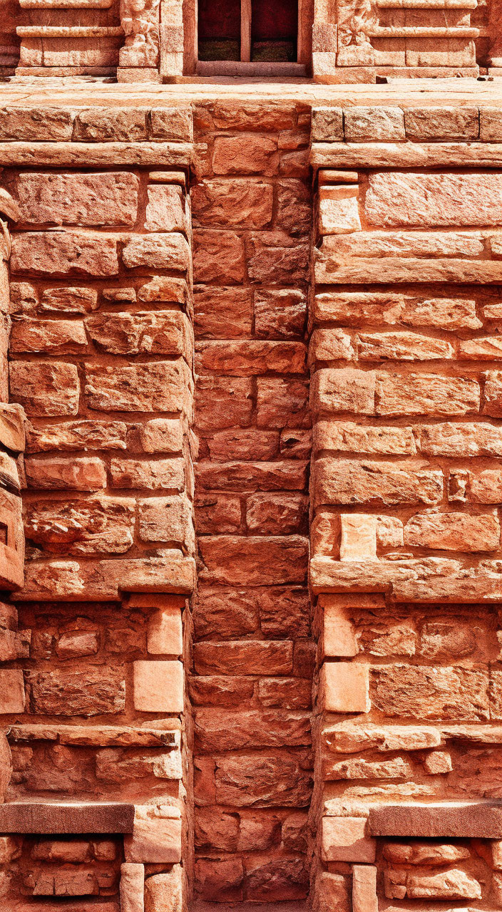 Symmetrical Red Brick Wall with Narrow Vertical Gap and Architectural Details