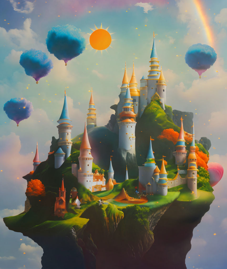 Fantasy Landscape with Castle and Hot Air Balloons