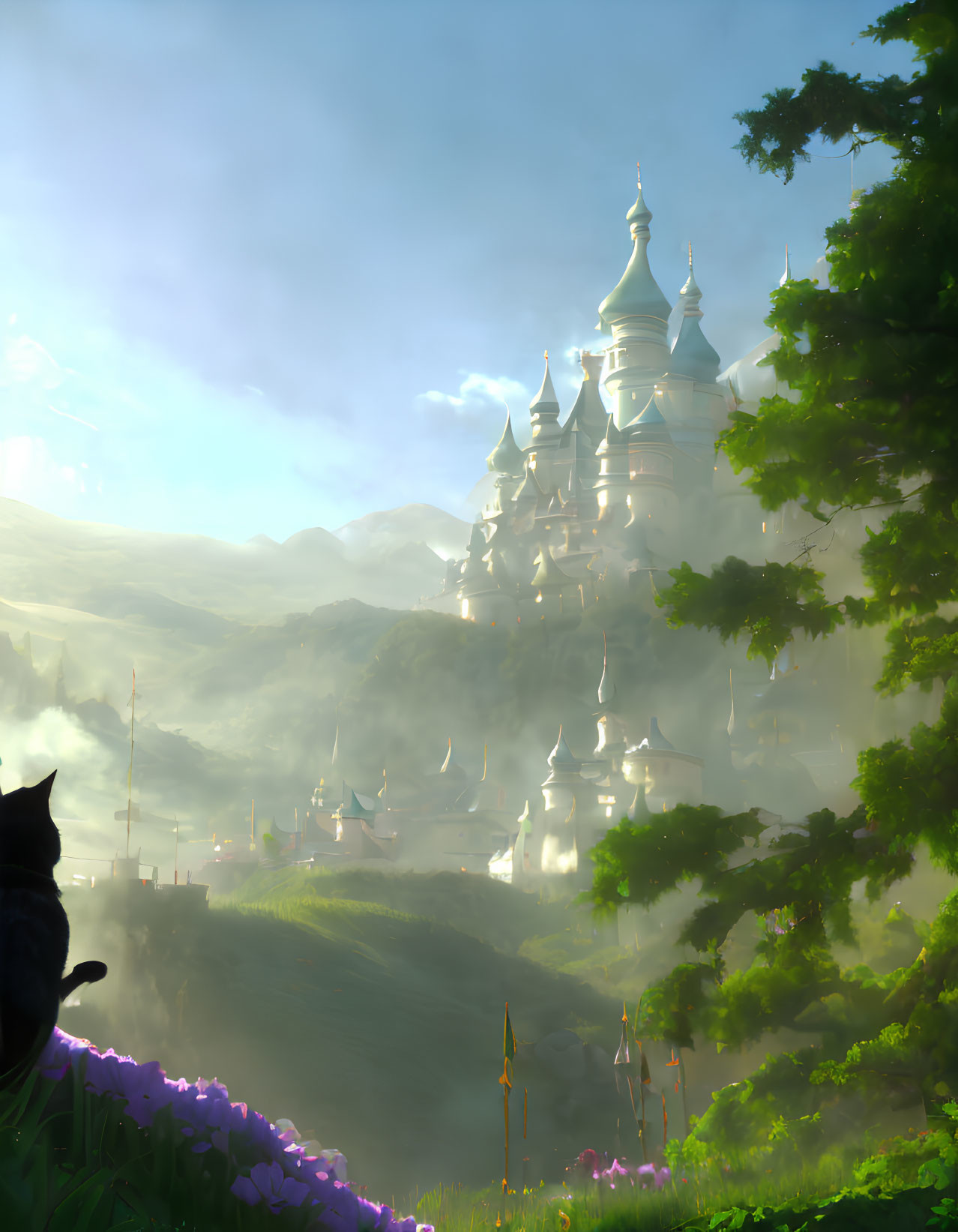 Majestic castle in misty mountains with cat silhouette