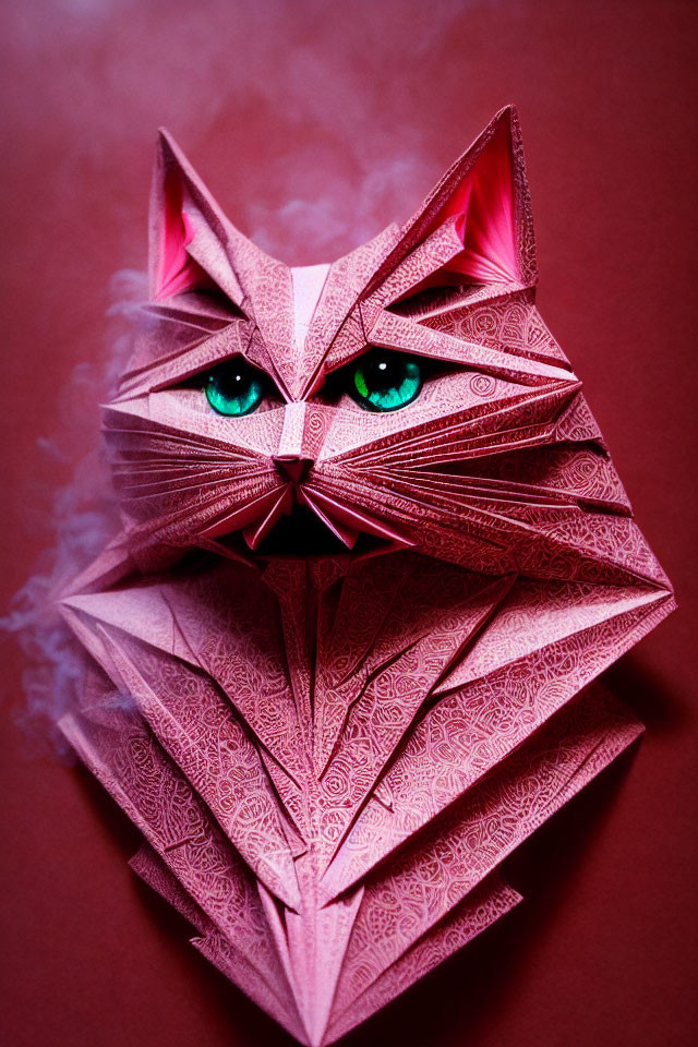 Detailed Origami Cat with Turquoise Eyes on Red Background