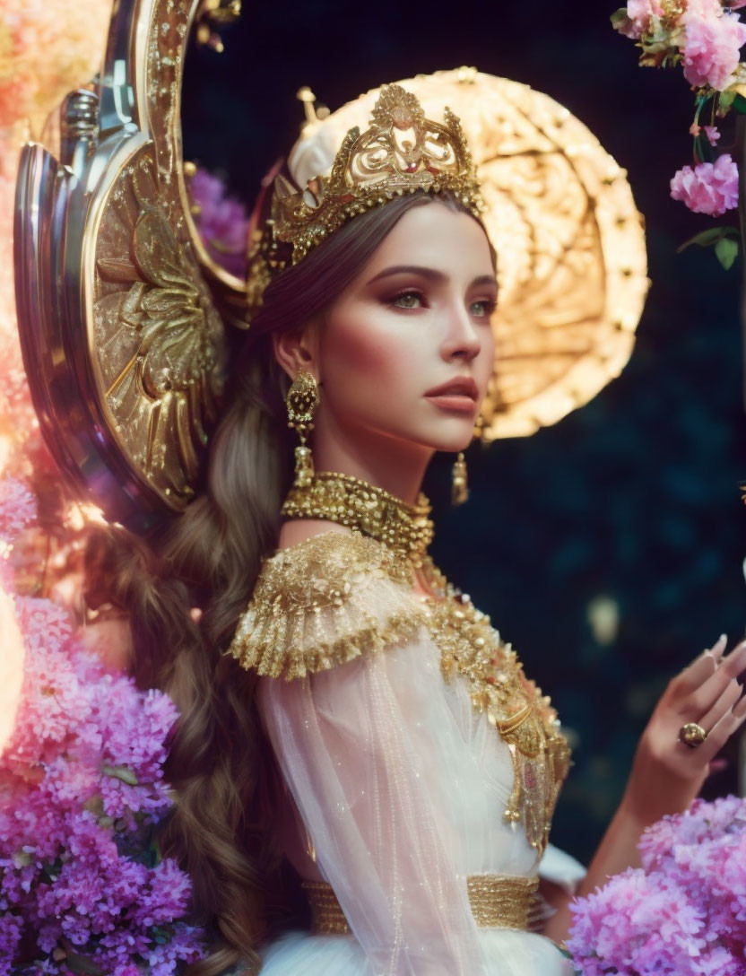 Person in Gold Crown and Sunburst Costume Surrounded by Pink Blossoms