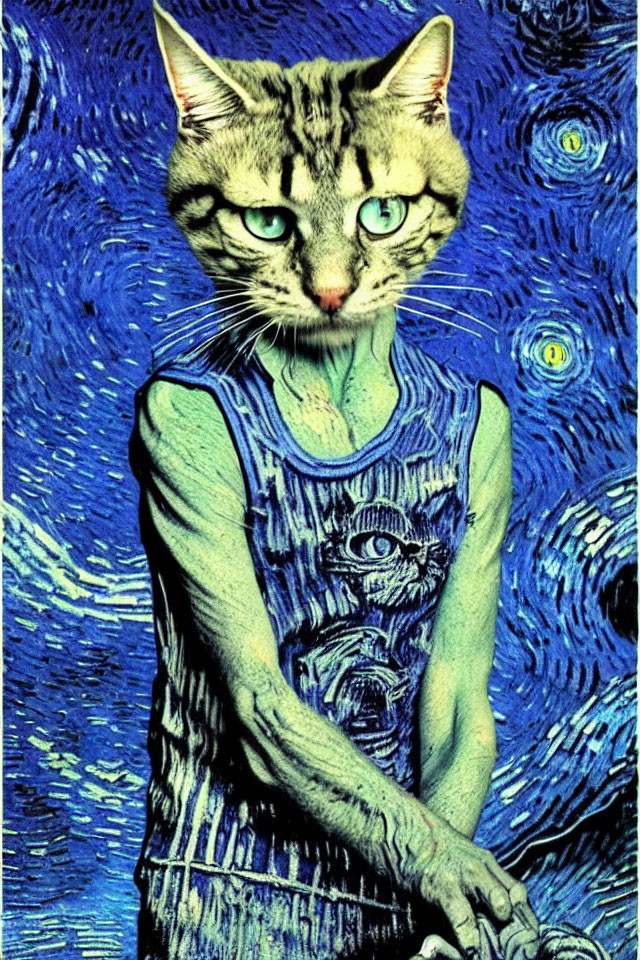 Surreal Character with Cat Head and Green Skin