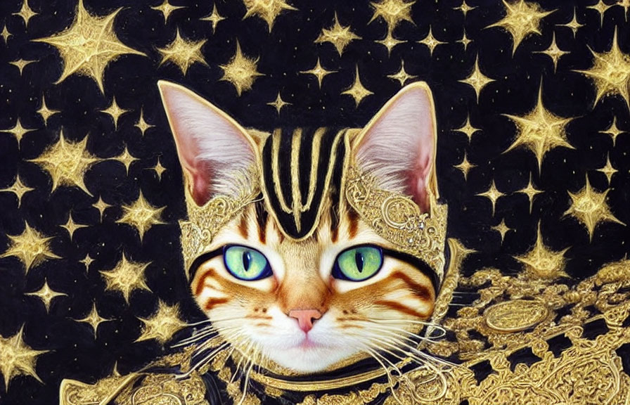 Digitally altered cat with blue eyes in golden headgear on starry background