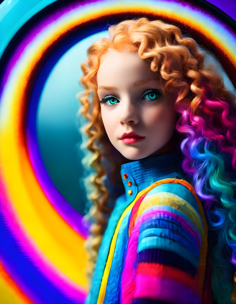 Colorful portrait of a person with red and purple curly hair, blue eyes, in a striped outfit