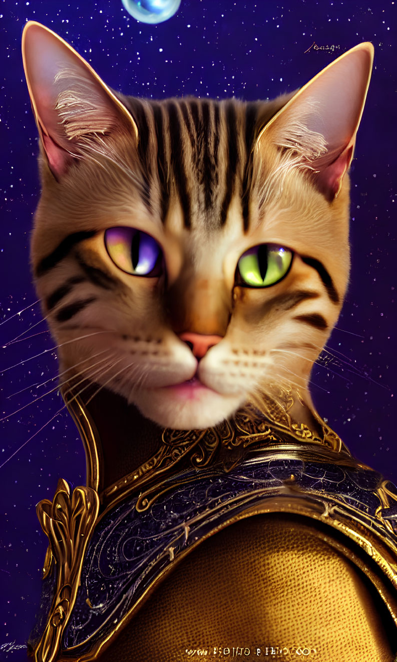 Whimsical Cat Artwork with Multicolored Eyes and Armor