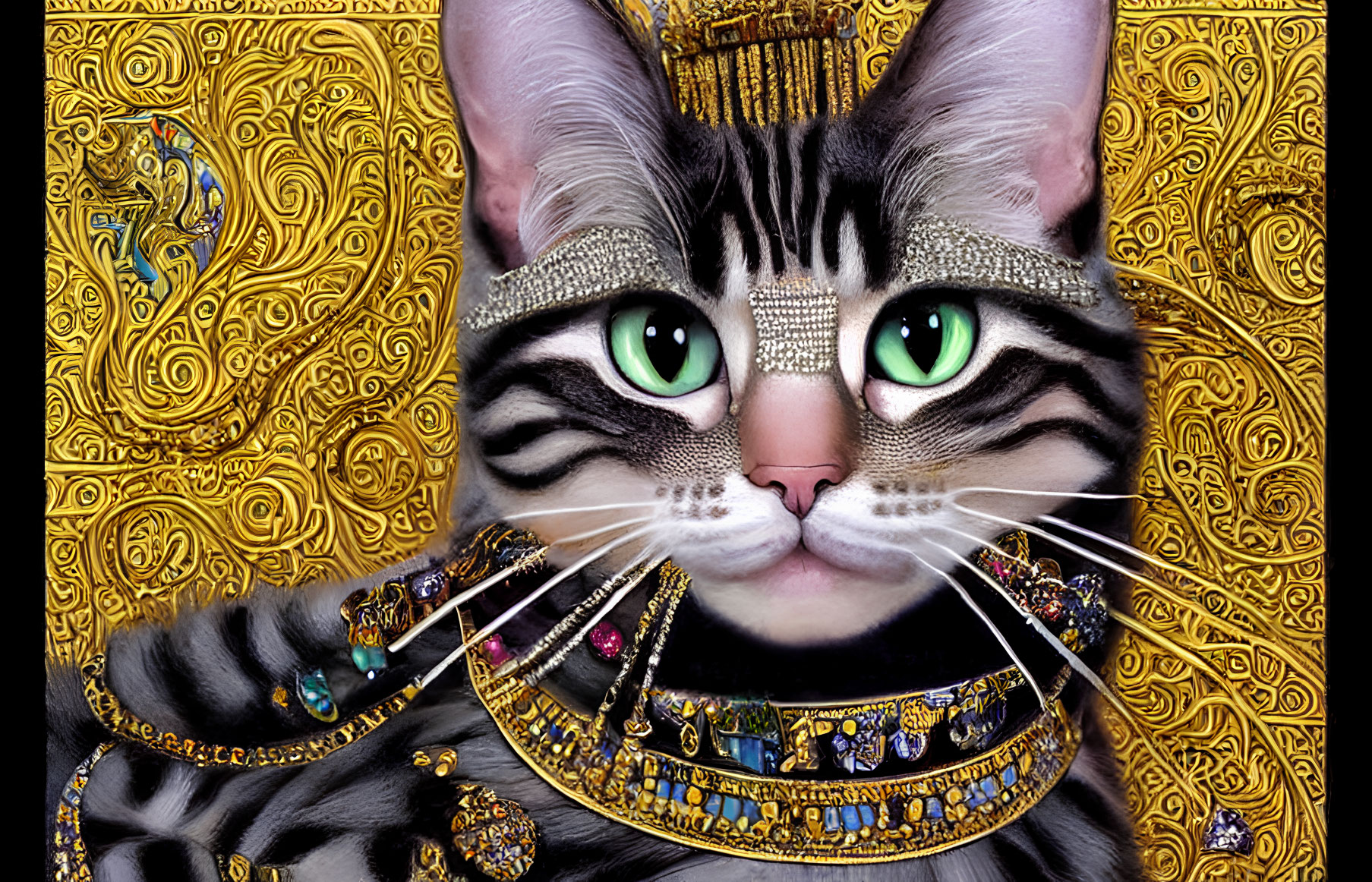 Cat with Pharaoh-like Egyptian Jewelry and Patterns