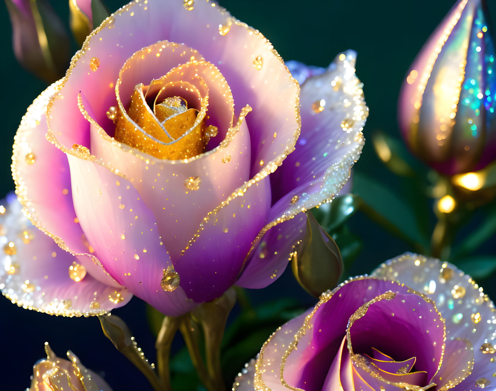 Close-up of Vibrant Purple and White Roses with Dew