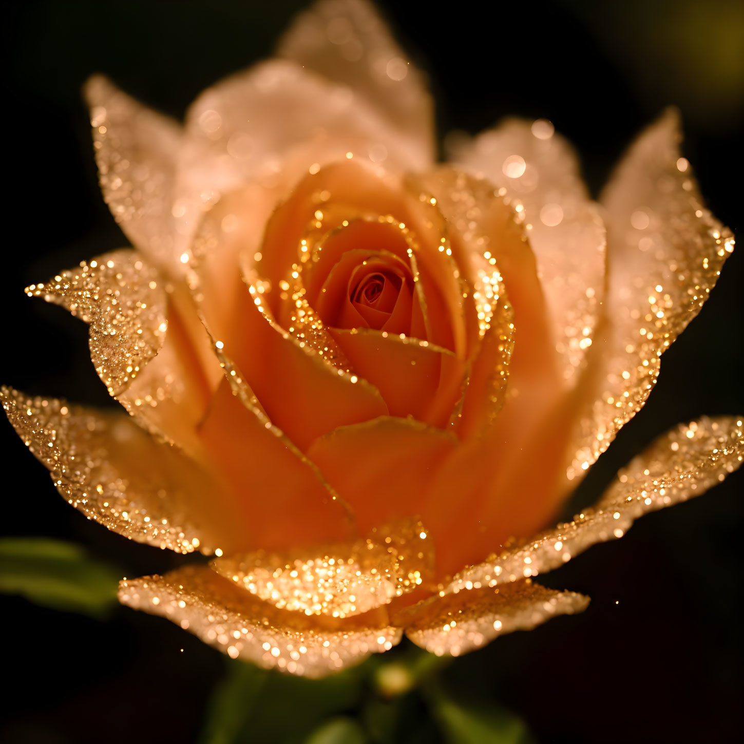 Peach Rose with Golden Glitter and Water Droplets