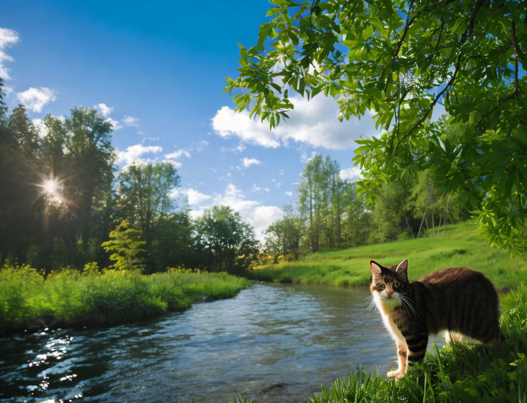 Curious Cat by Serene Riverbank in Lush Greenery