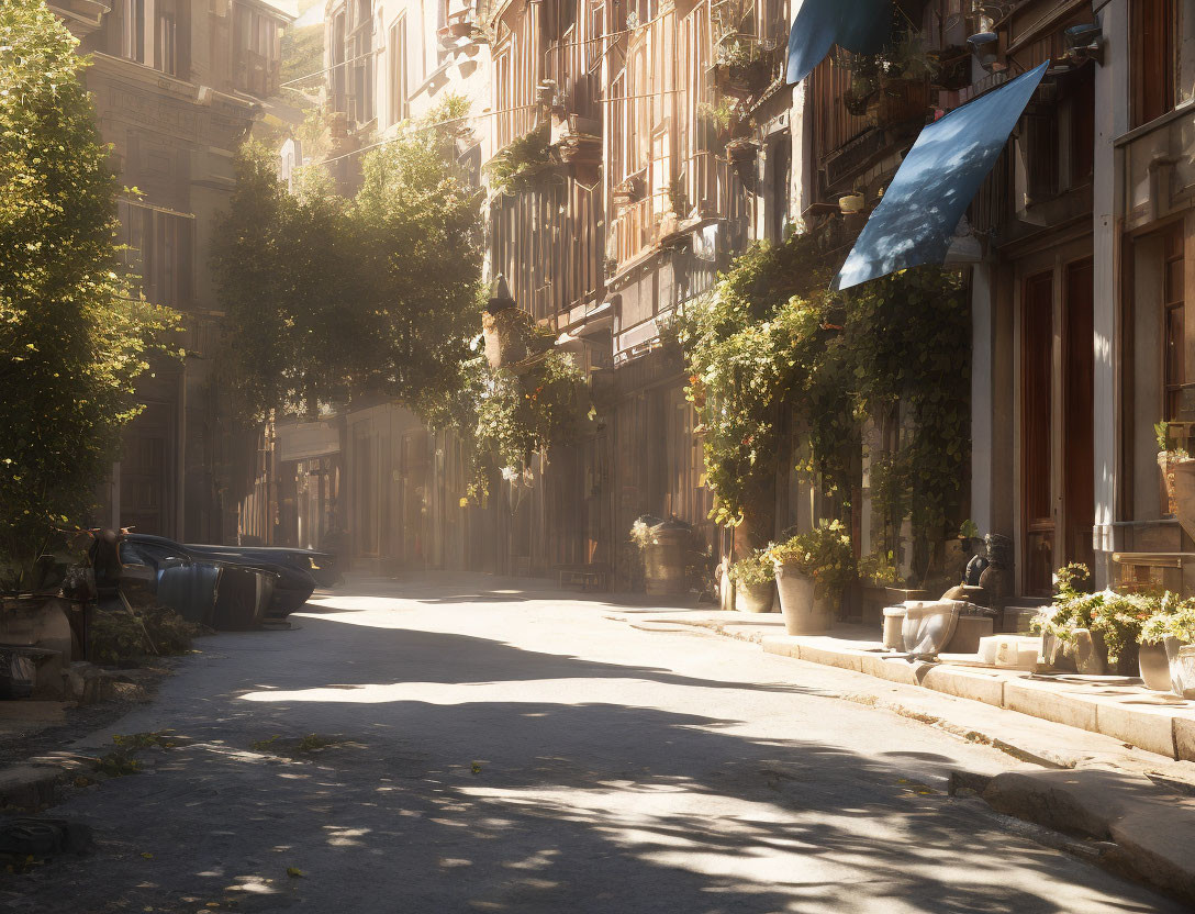 Historic urban street scene with sunlight filtering through leafy trees