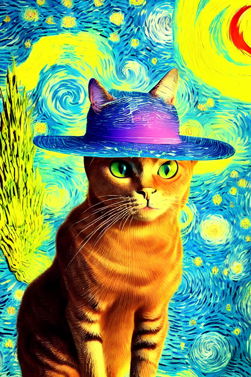 Whimsical Cat with Orange Fur Against Starry Night