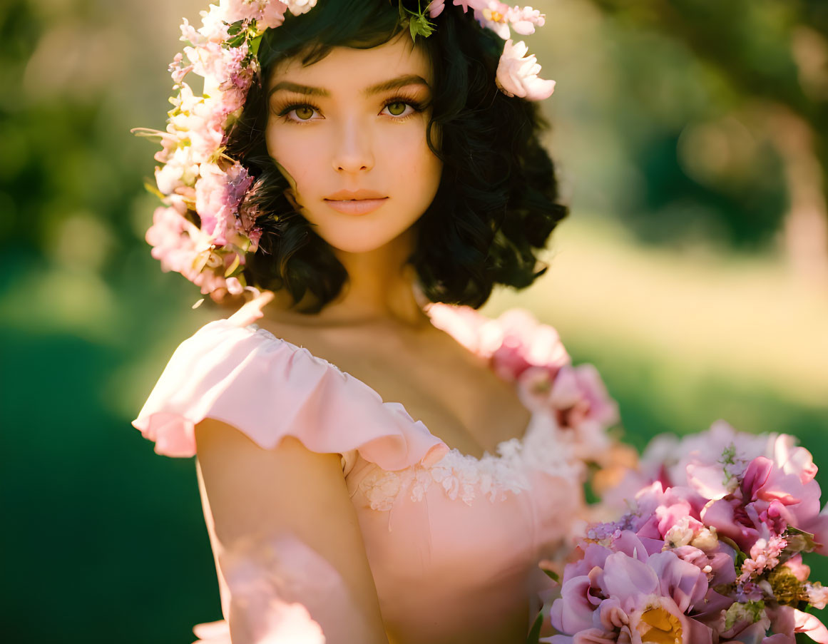 Woman in floral crown and pink dress with bouquet in greenery