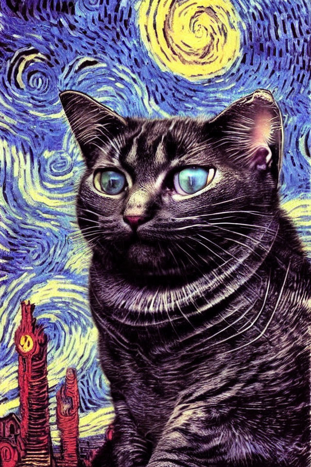 Stylized black cat with blue eyes in night sky scene