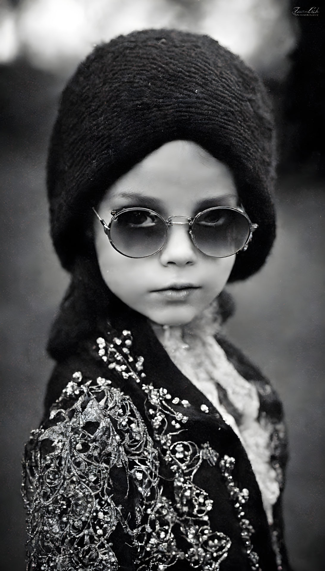 Monochrome portrait of child in round sunglasses and floral coat