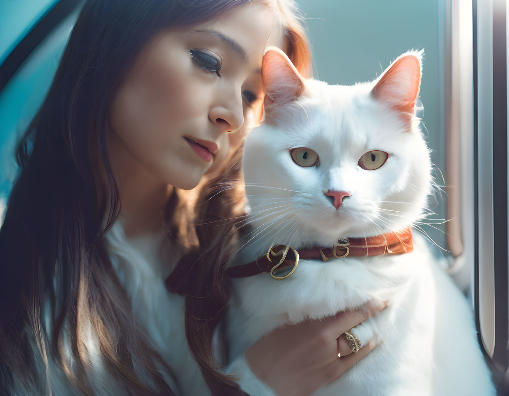 Serene Portrait of Woman with Fluffy White Cat