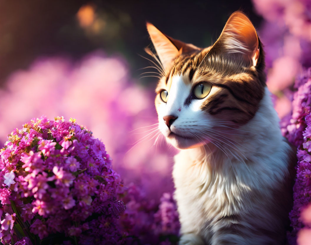 Tabby cat with striking markings in vibrant purple flowers and warm sunlight.